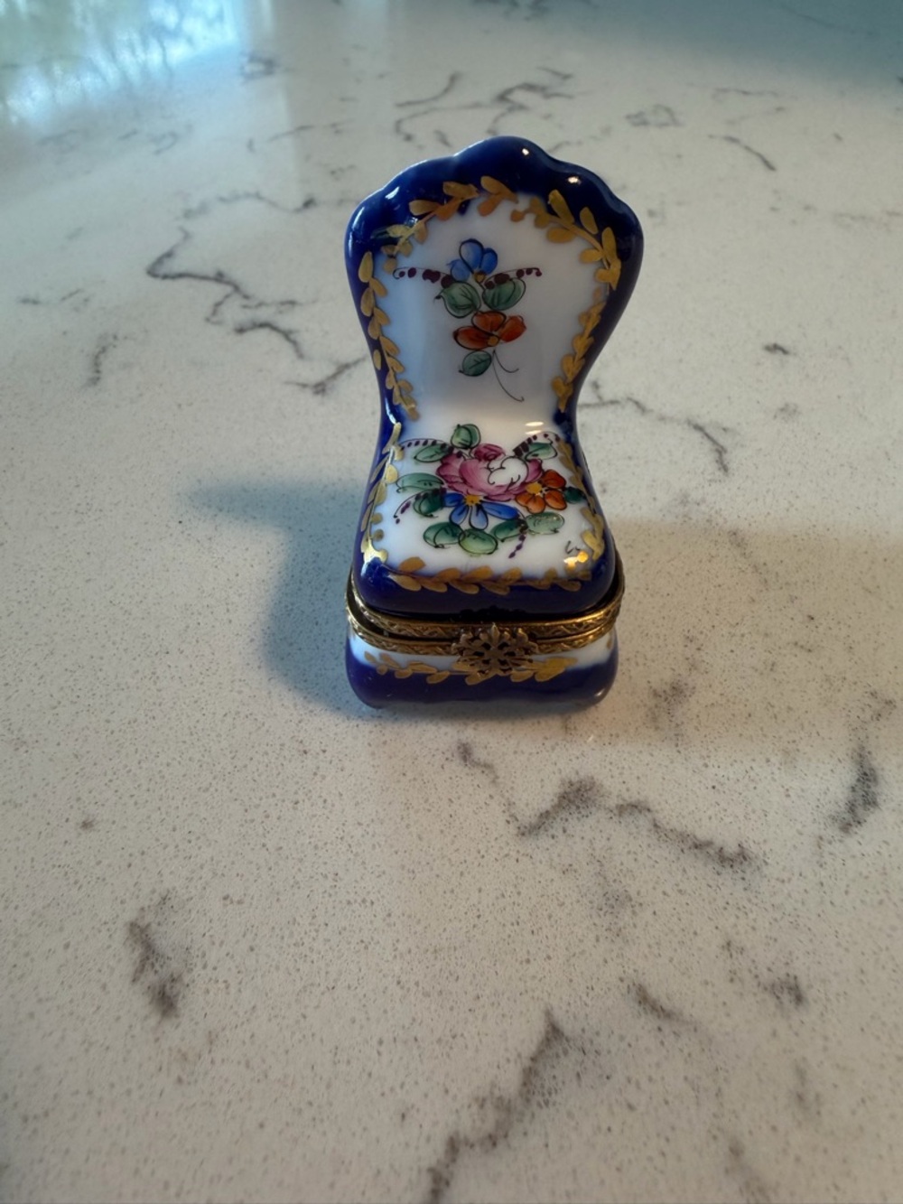Limoges Cobalt Blue Porcelain Mini Trinket Box with Floral Motif
